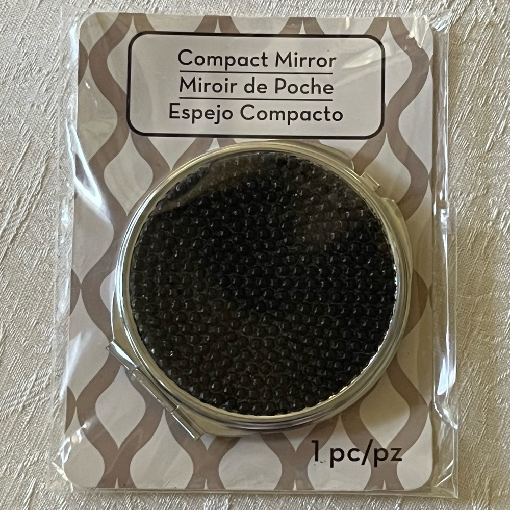 New! Round Compact Mirror with Black Rhinestones